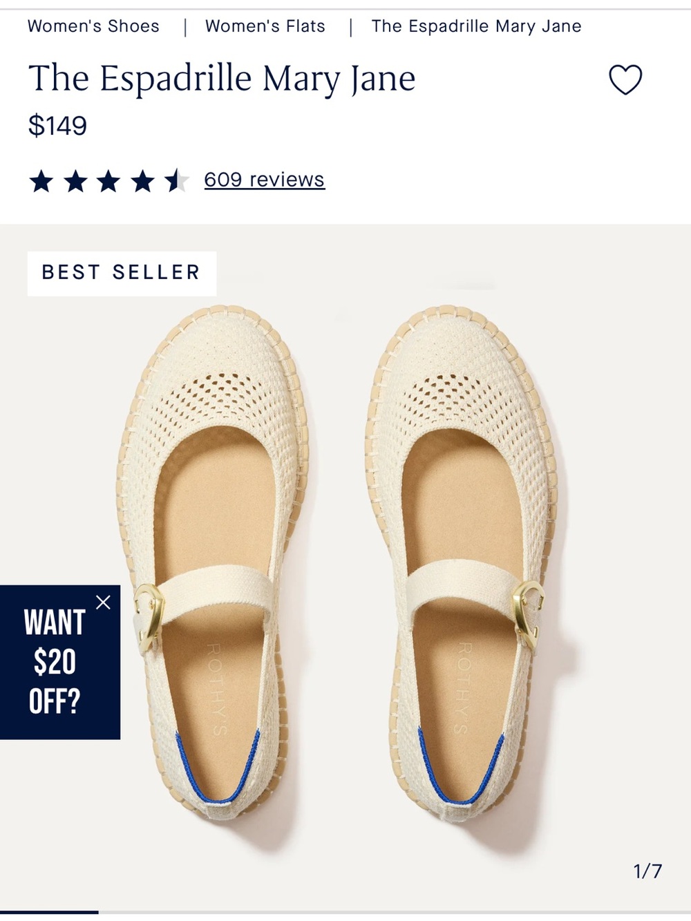 Rothy's Espadrille Mary Jane in Cream with Blue Heel Tab NWT sold out online